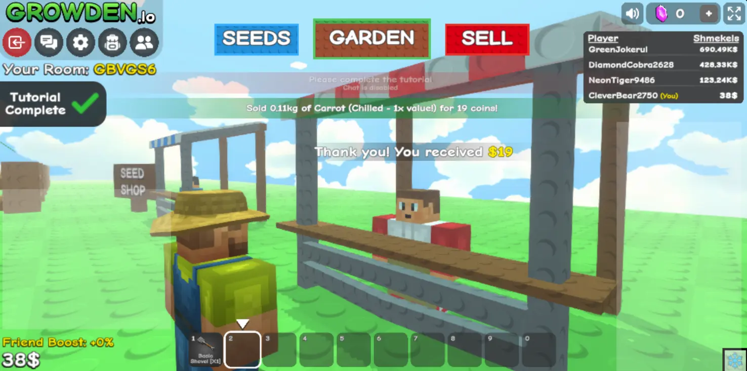 Growden IO player selling a carrot at the garden stall, with the Seeds, Garden, and Sell menus visible