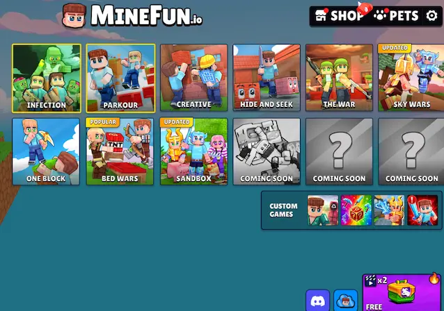 MineFun IO screenshot showing multiple game mode options